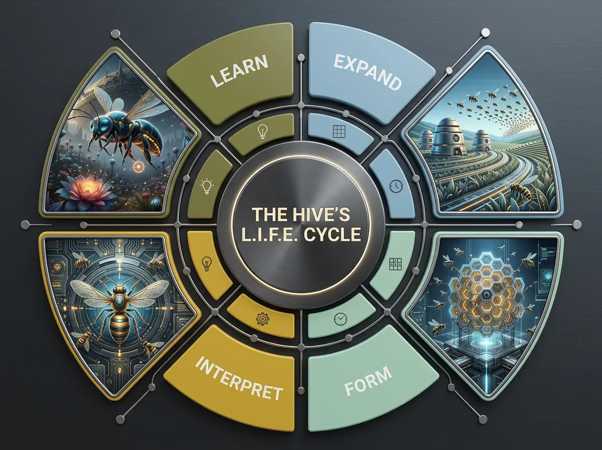 AI agents. The hive's L.I.F.E. cycle. Learn. Interpret. Form. Expand. Bees, AI agents and humans in between.